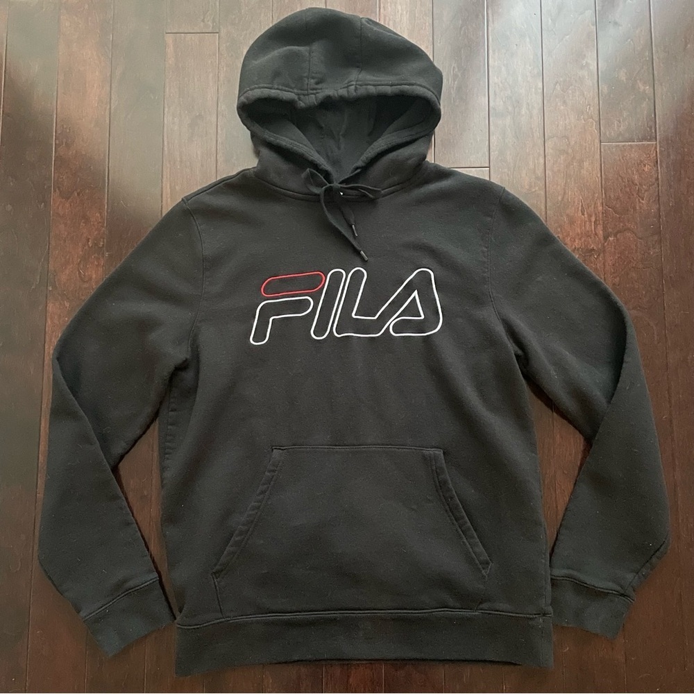 Fila Black Pullover Sweatshirt Hoodie embroidered logo size M
